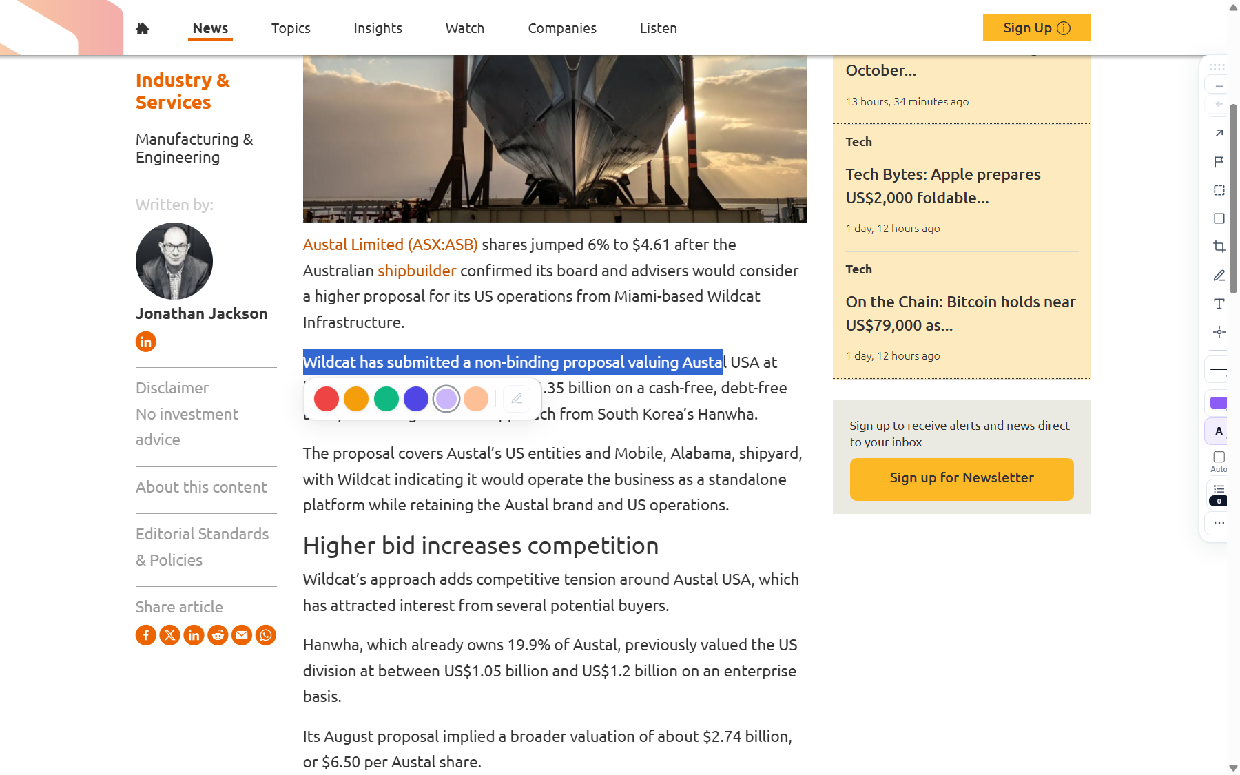 A text selection with the Sagitnote style picker showing six colors