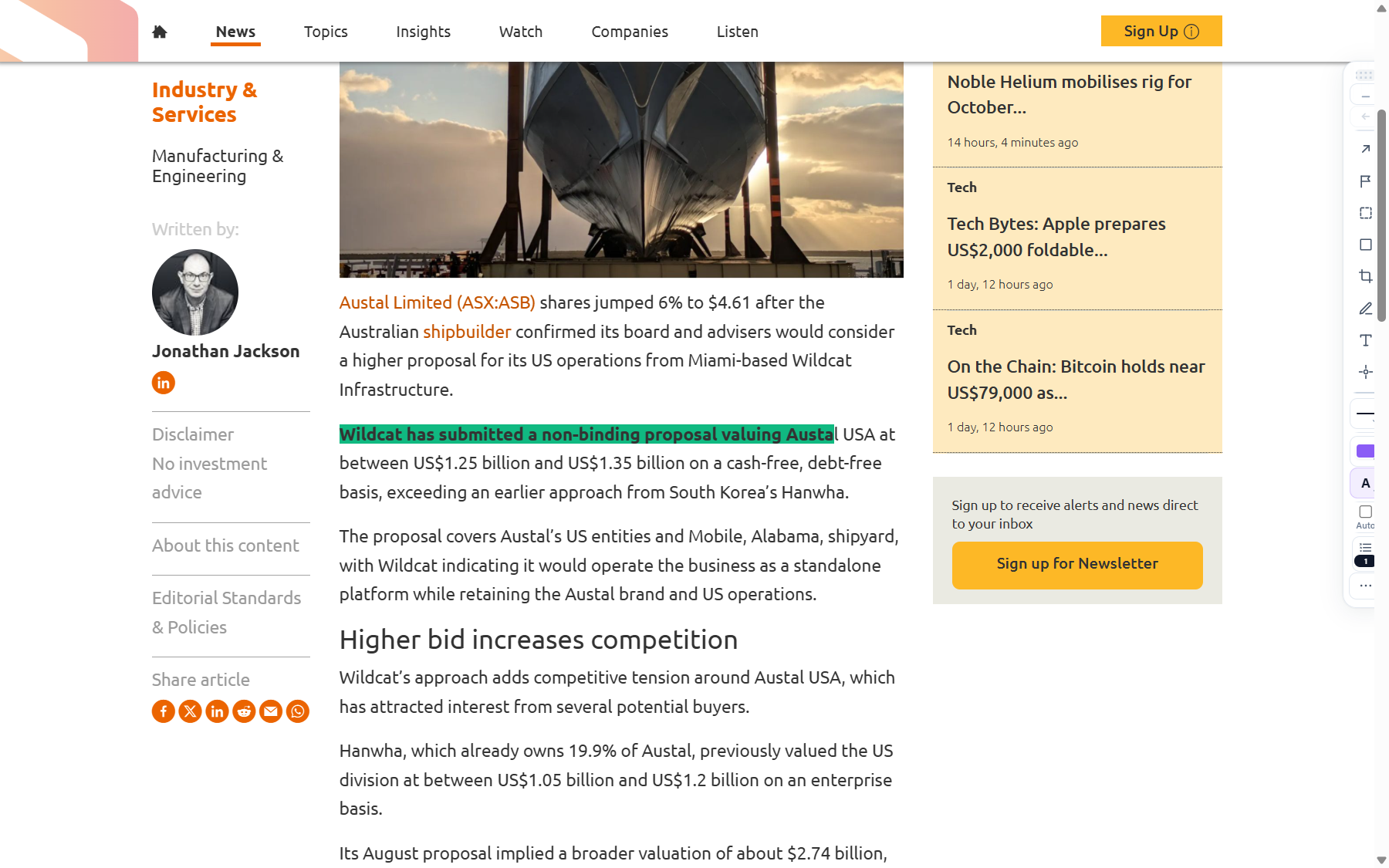 A news article annotated with a highlight, a note, and the Sagitnote control panel