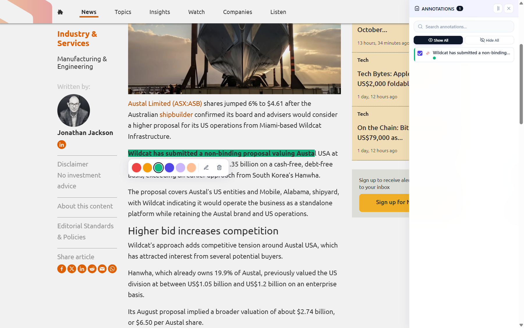 The annotations drawer open on a page