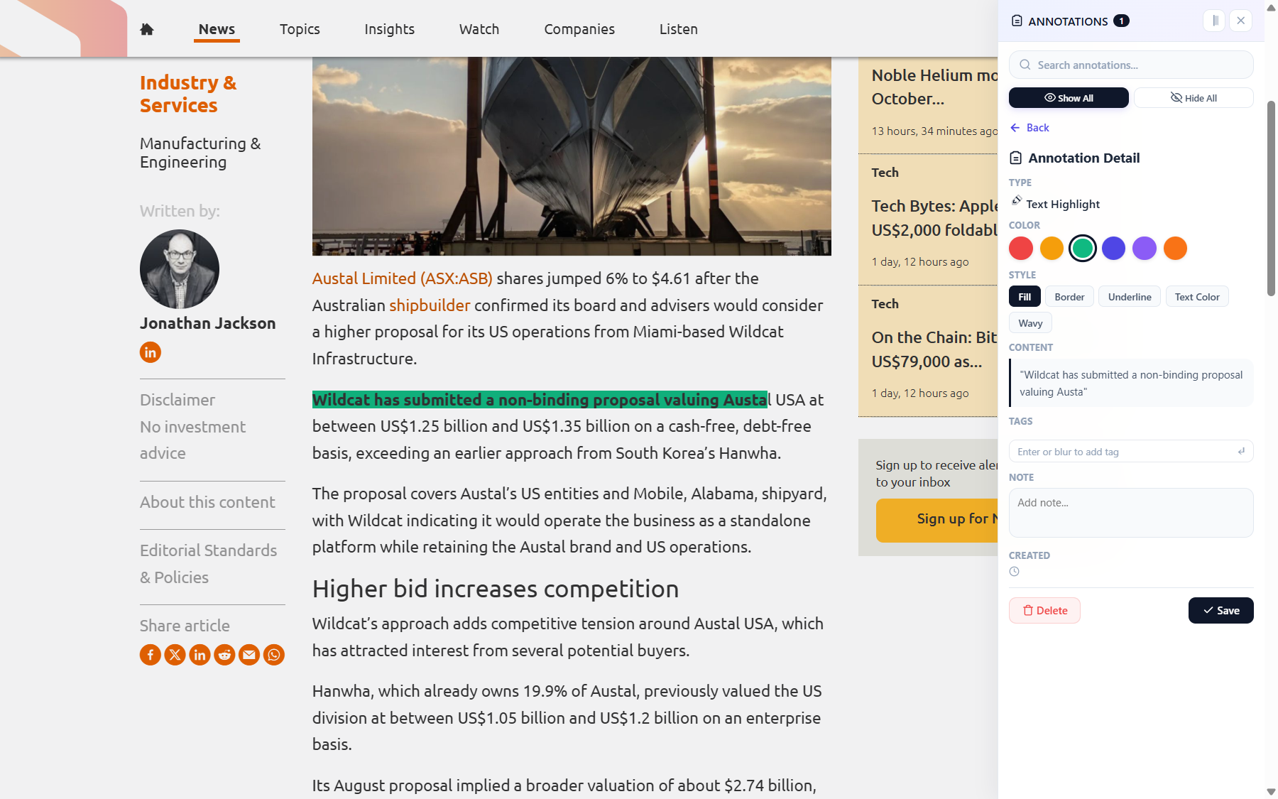 The Annotation Detail panel with type, color, style, content, tags and note fields
